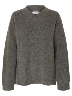 Selected Femme naisten neulepusero, SLFSIA RAS LS KNIT LONG V-NECK Medium Grey Melange