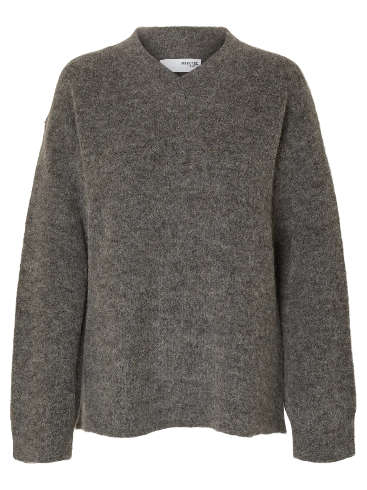 Selected Femme naisten neulepusero, SLFSIA RAS LS KNIT LONG V-NECK Medium Grey Melange