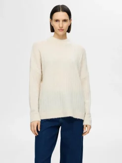 Selected Femme naisten neule, SLFMALINE LS KNIT HIGH NECK Luonnonvalkoinen