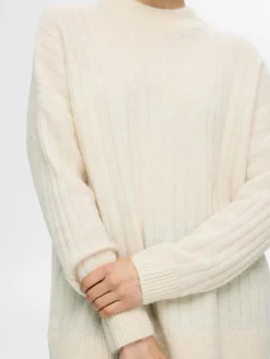 Selected Femme naisten neule, SLFMALINE LS KNIT HIGH NECK Luonnonvalkoinen