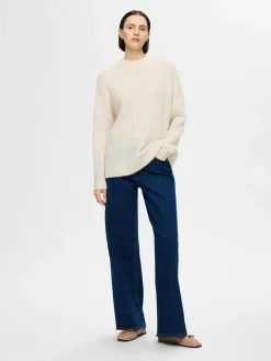 Selected Femme naisten neule, SLFMALINE LS KNIT HIGH NECK Luonnonvalkoinen