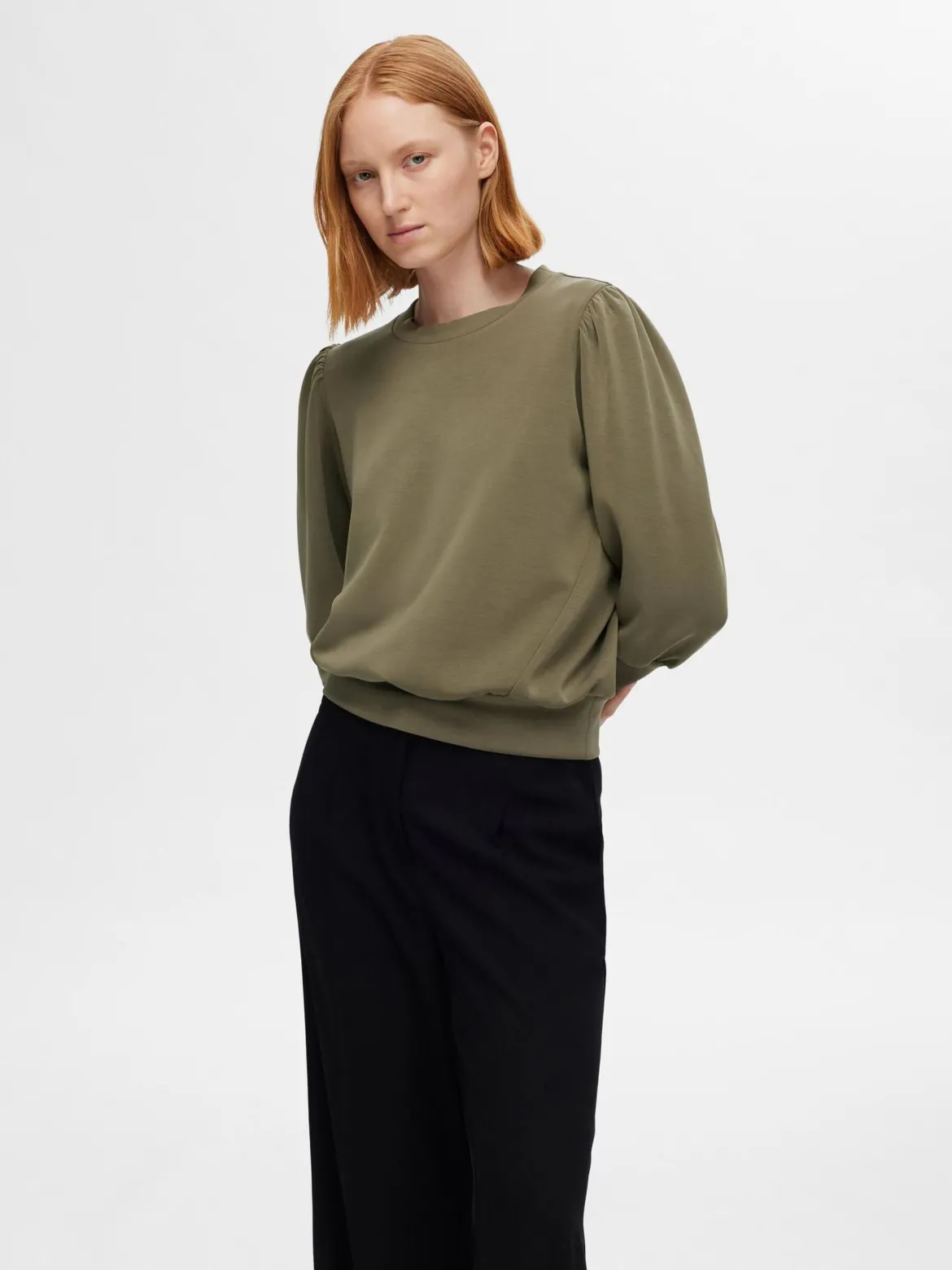 Selected Femme Naisten Pusero, SLFTENNY 3/4 SWEAT TOP NOOS Armeijanvihreä