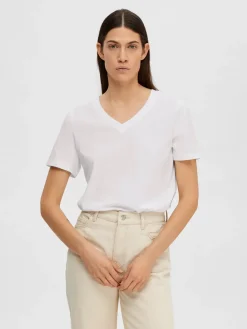 Selected Femme Naisten T-paita SLFESSENTIAL SS V-NECK TEE NOOS Bright White