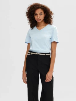 Selected Femme Naisten T-paita SLFESSENTIAL SS V-NECK TEE NOOS Vaaleansininen