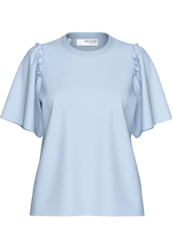 Selected Femme Naisten T-Paita, SLFPENELOPE 2/4 RUFFLE TEE Vaaleansininen