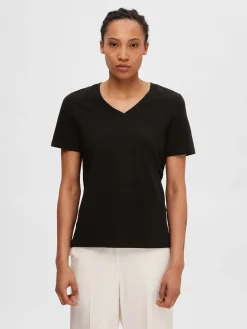 Selected Femme Naisten T-paita SLFESSENTIAL SS V-NECK TEE NOOS Black