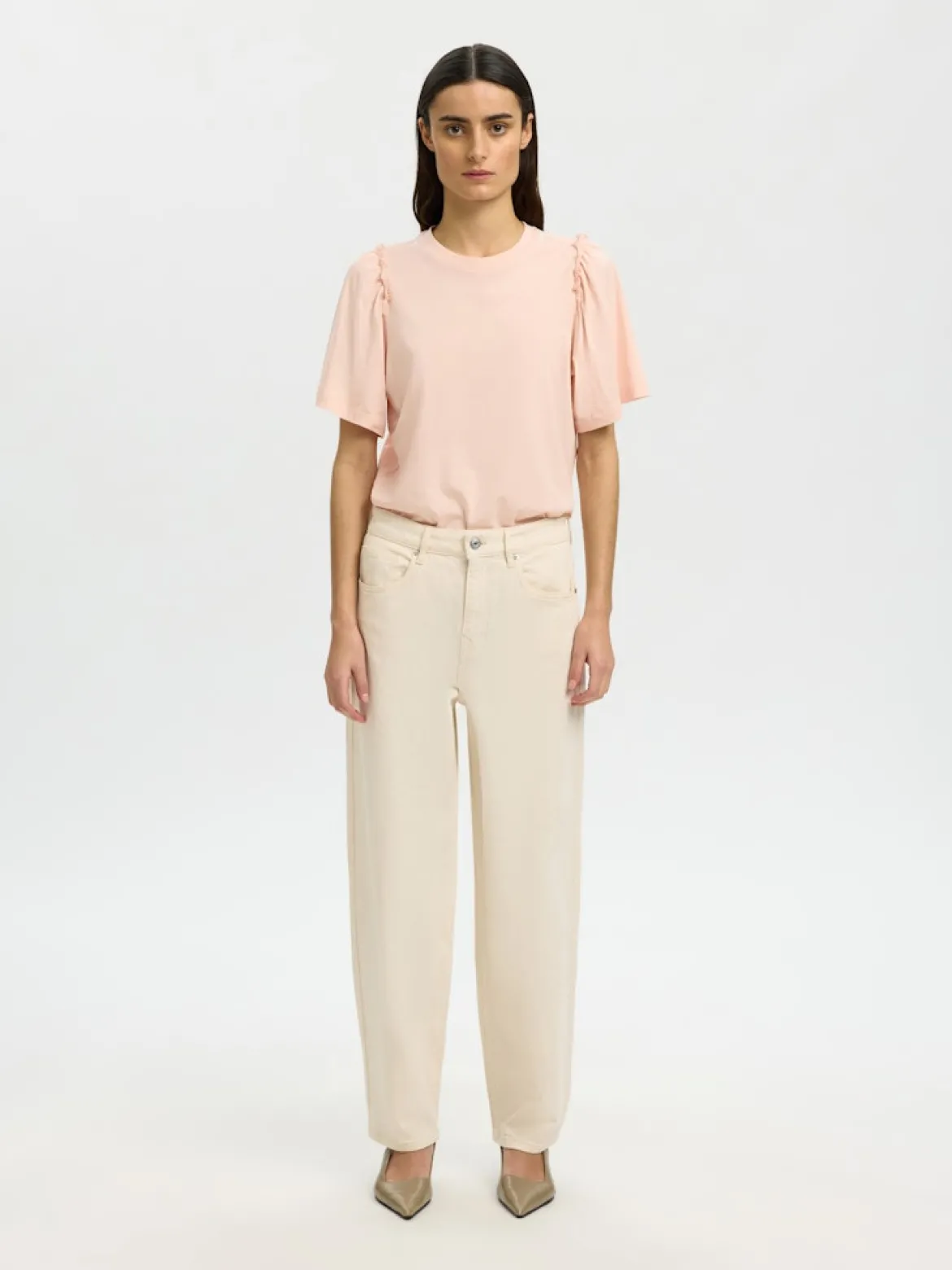 Selected Femme naisten t-paita SLFPENELOPE 2/4 Ruffle Tee, Pale Dogwood