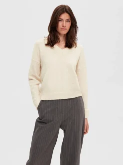 Selected Femme neule, SLFMALINE LS KNIT V-NECK Luonnonvalkoinen