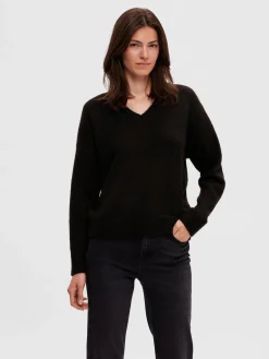 Selected Femme neule, SLFMALINE LS KNIT V-NECK Musta