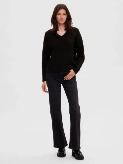 Selected Femme neule, SLFMALINE LS KNIT V-NECK Musta