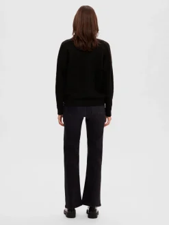 Selected Femme neule, SLFMALINE LS KNIT V-NECK Musta