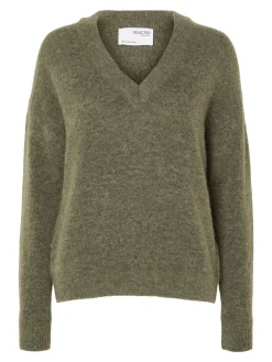 Selected Femme neule, SLFMALINE LS KNIT V-NECK Armeijanvihreä