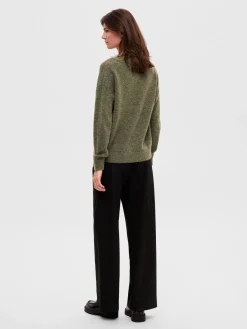 Selected Femme neule, SLFMALINE LS KNIT V-NECK Armeijanvihreä