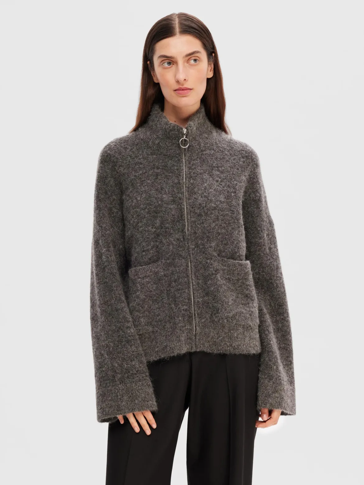 Selected Femme neuletakki, SLFSIA RAS LS KNIT ZIPPER CARDIGAN Grafiitti