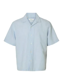Selected miesten kauluspaita SlhRegClay Linenblend SS Shirt, Dusty Blue Mixed w.