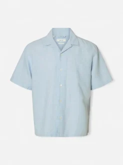 Selected miesten kauluspaita SlhRegClay Linenblend SS Shirt, Dusty Blue Mixed w.