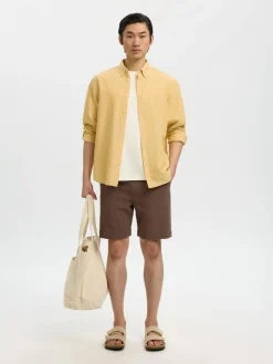 Selected miesten kauluspaita SlhRegClay Linenblend, Ochre w. White