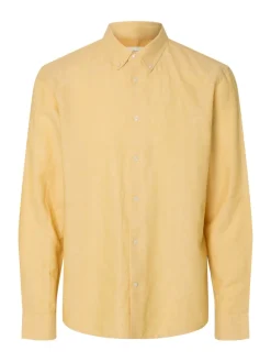 Selected miesten kauluspaita SlhRegClay Linenblend, Ochre w. White