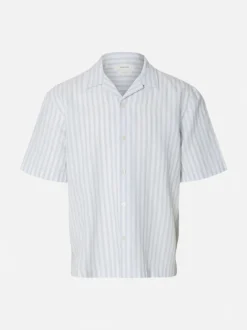 Selected miesten kauluspaita Resort Linen Blend SS Shirt K, Dusty Blue Wide White