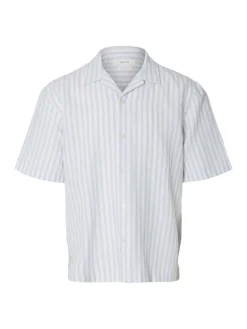 Selected miesten kauluspaita Resort Linen Blend SS Shirt K, Dusty Blue Wide White