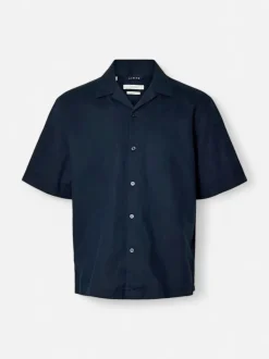 Selected miesten kauluspaita Resort Linen Blend SS Shirt K, Sky Captain