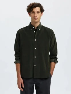 Selected Miesten Kauluspaita K REG DANNI CORD BD LS SHIRT Deep Forest