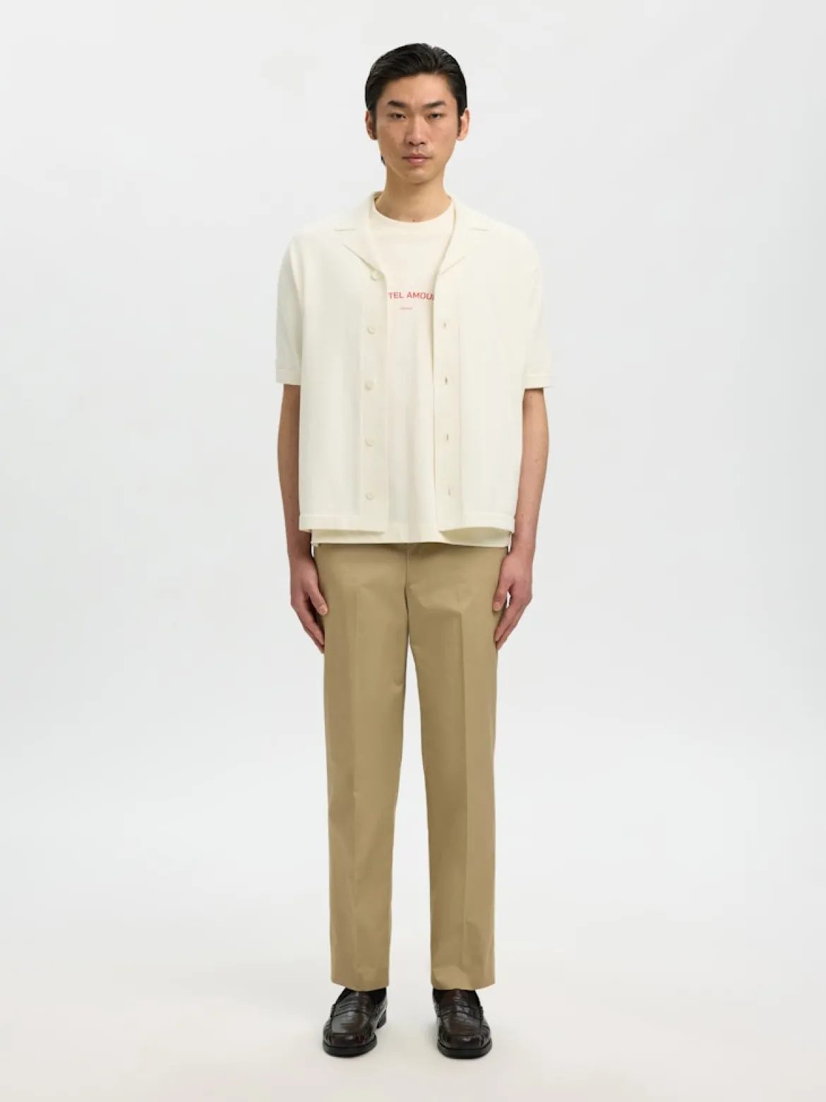 Selected miesten kauluspaita SLHAmour Intarsia Relaxed Polo Cardigan, Egret Artwork