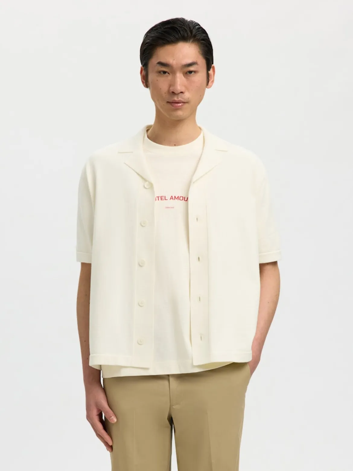 Selected miesten kauluspaita SLHAmour Intarsia Relaxed Polo Cardigan, Egret Artwork