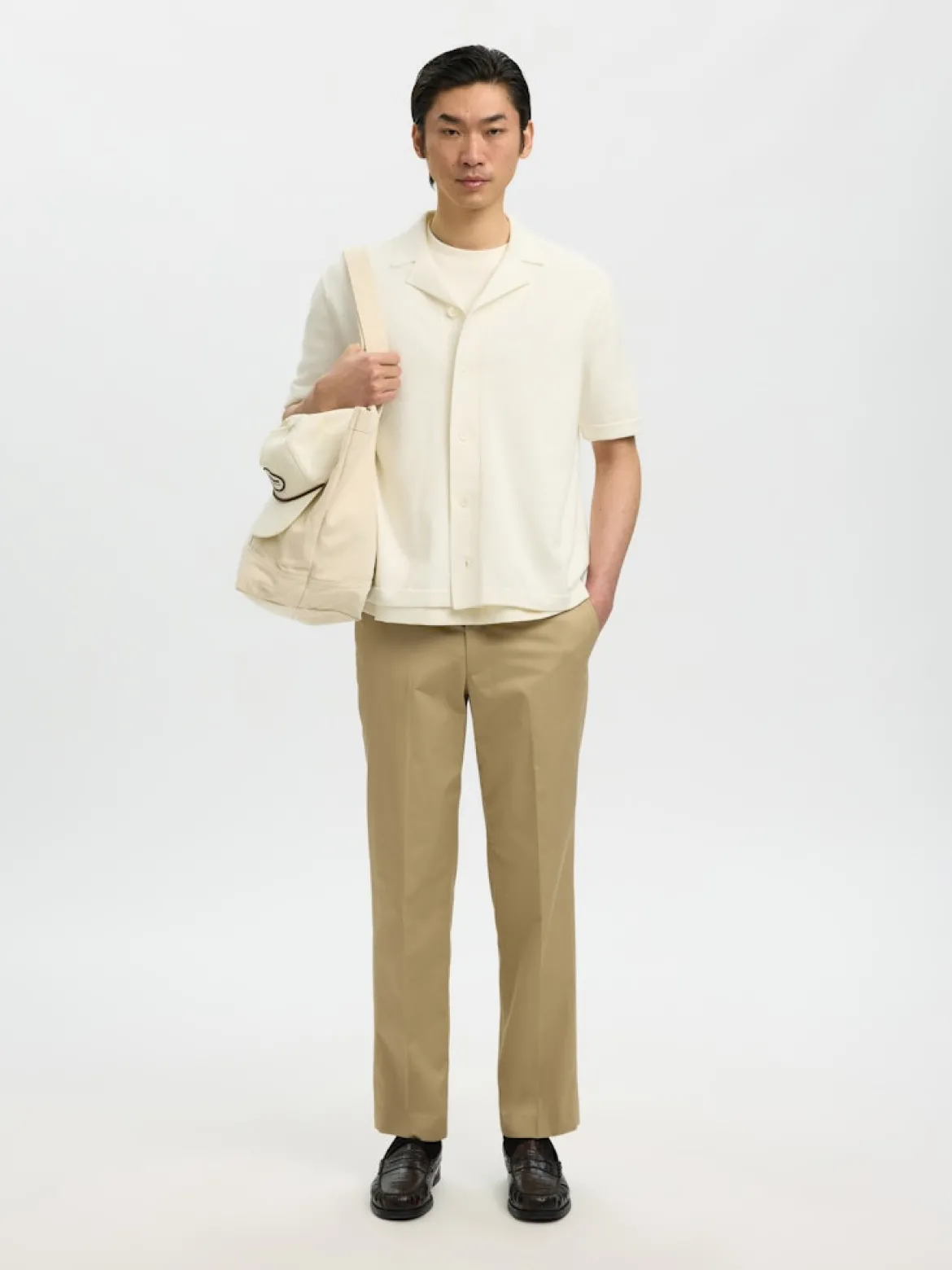 Selected miesten kauluspaita SLHAmour Intarsia Relaxed Polo Cardigan, Egret Artwork