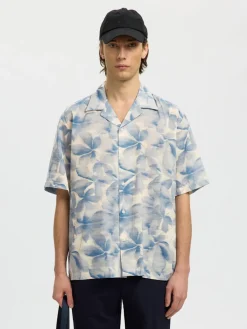 Selected miesten kauluspaita SLHRLXAir Mix Print SS Shirt, Blue Mirage Leaves