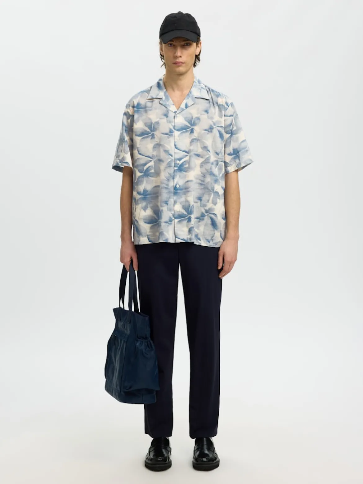 Selected miesten kauluspaita SLHRLXAir Mix Print SS Shirt, Blue Mirage Leaves