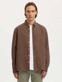 Selected miesten kauluspaita SLHREGCLAY Linenblend LS Shirt, Chocolate Chip