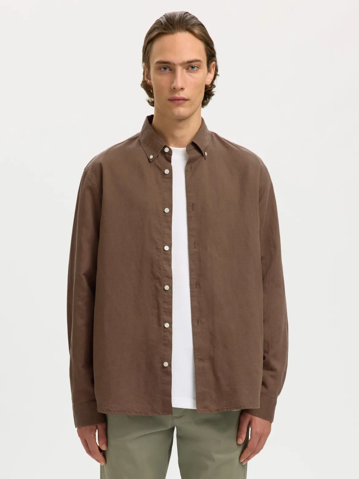 Selected miesten kauluspaita SLHREGCLAY Linenblend LS Shirt, Chocolate Chip