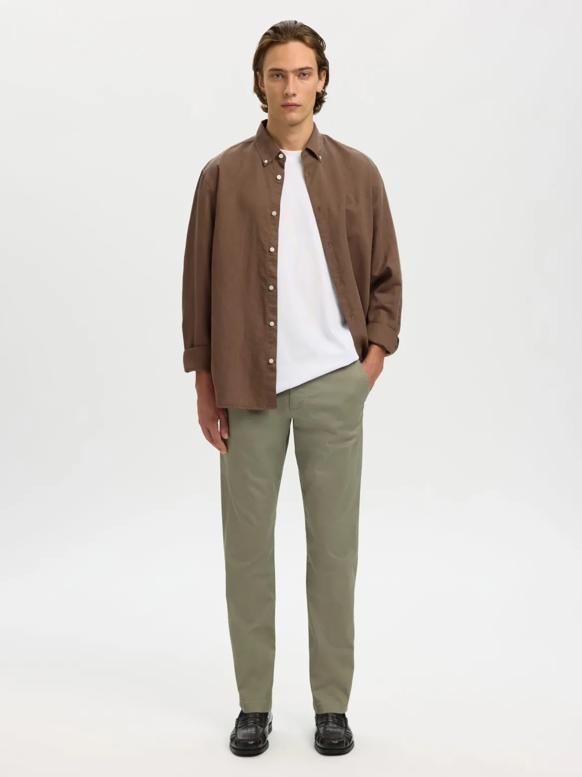 Selected miesten kauluspaita SLHREGCLAY Linenblend LS Shirt, Chocolate Chip