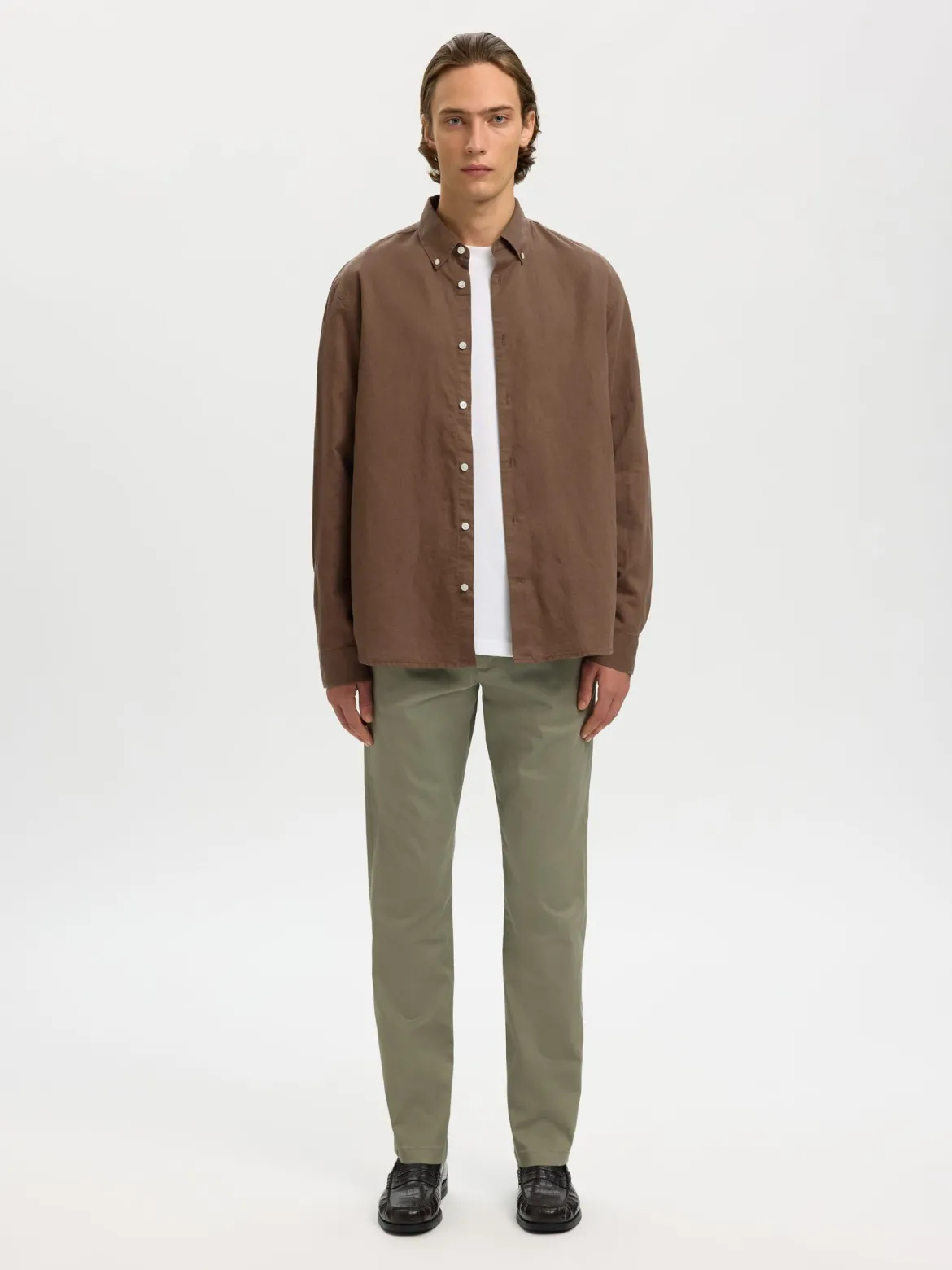 Selected miesten kauluspaita SLHREGCLAY Linenblend LS Shirt, Chocolate Chip