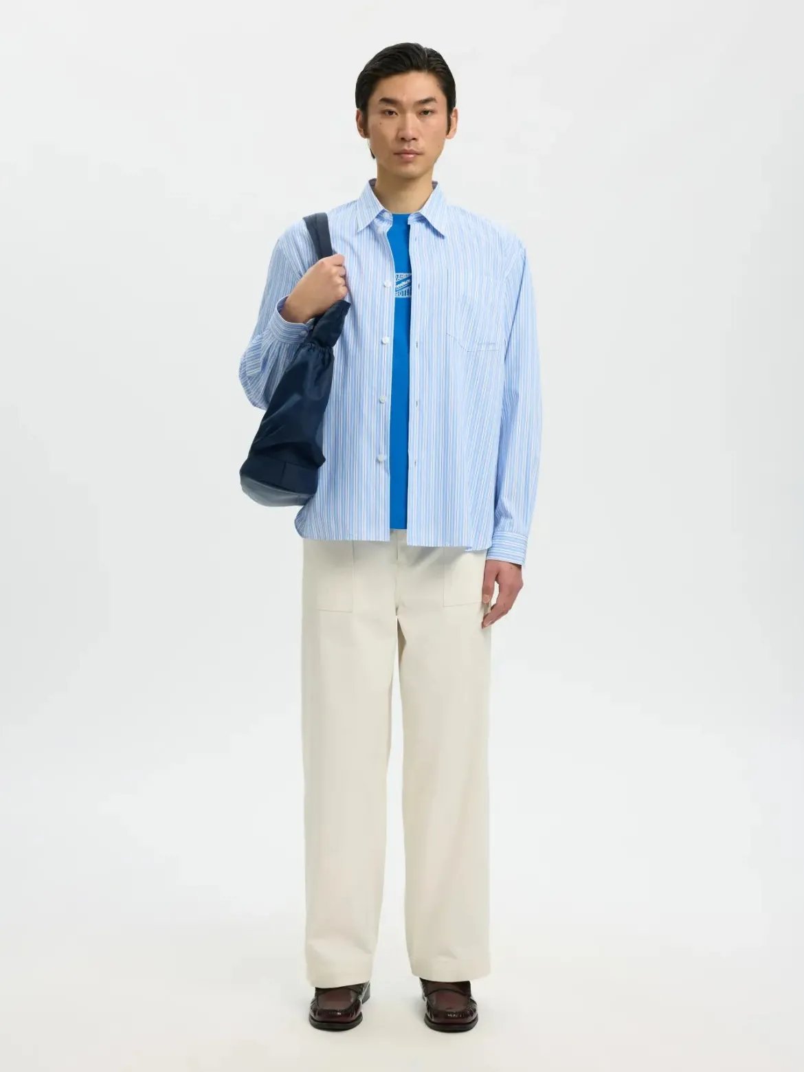 Selected miesten kauluspaita SLHRLXHOTEL Amour EMB LS Shirt, vaaleansininen