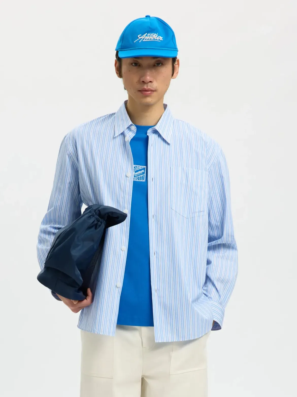Selected miesten kauluspaita SLHRLXHOTEL Amour EMB LS Shirt, vaaleansininen