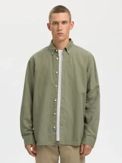 Selected miesten kauluspaita SLHREGCLAY Linenblend LS Shirt, Vetiver