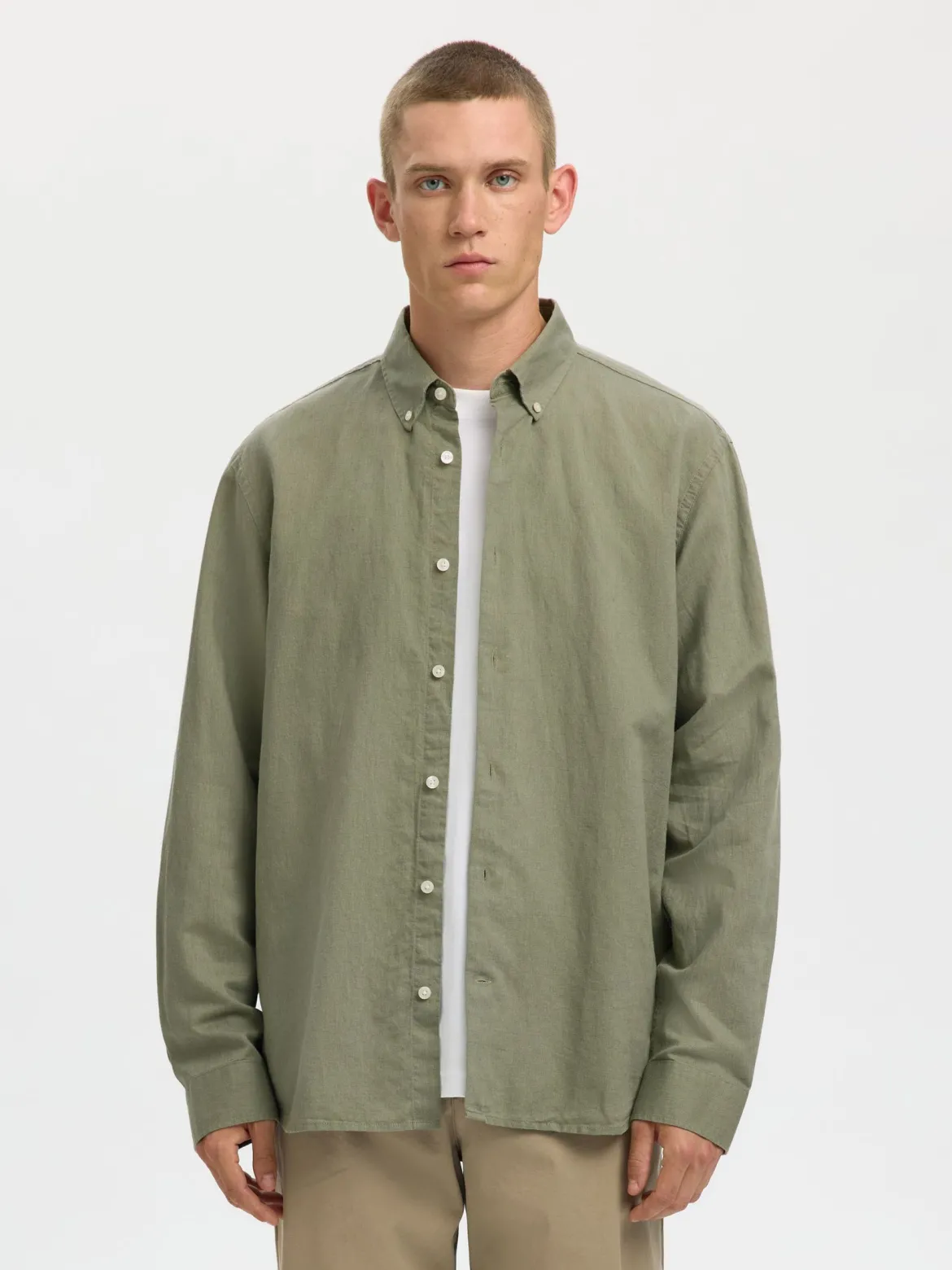 Selected miesten kauluspaita SLHREGCLAY Linenblend LS Shirt, Vetiver