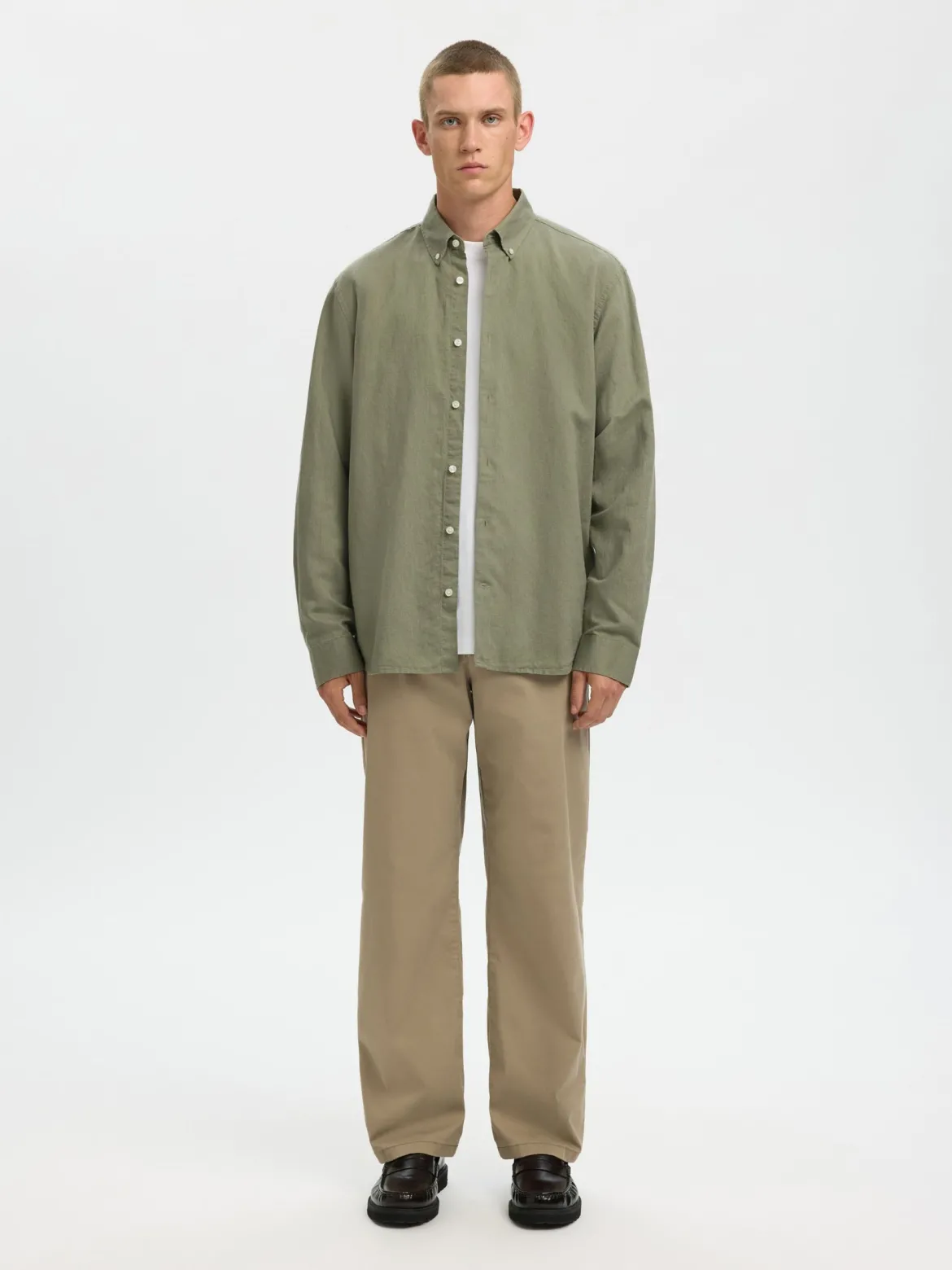 Selected miesten kauluspaita SLHREGCLAY Linenblend LS Shirt, Vetiver