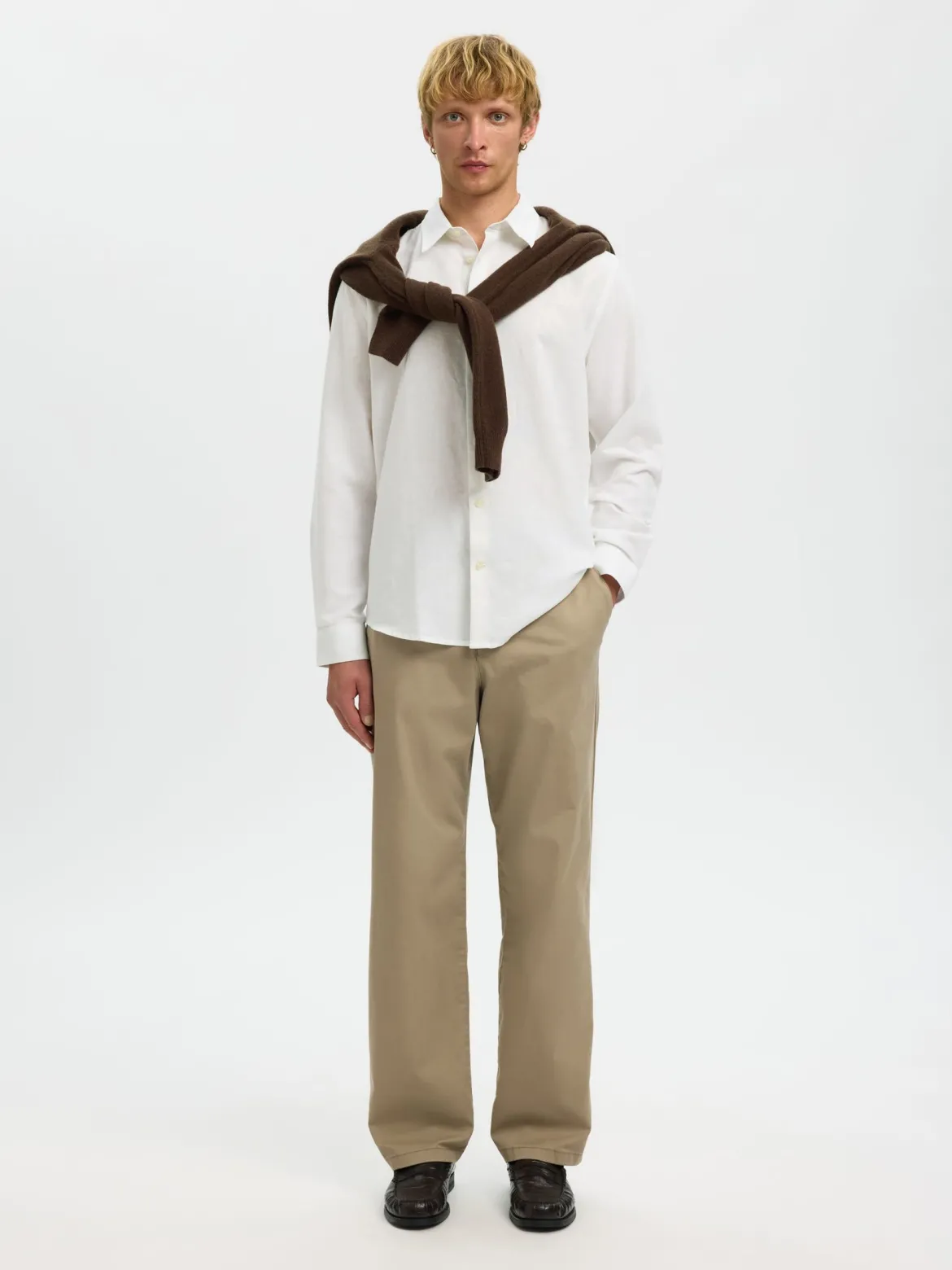 Selected miesten kauluspaita SLHREGCLAY Linenblend LS Shirt, Bright White
