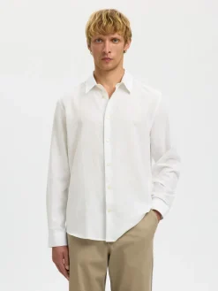 Selected miesten kauluspaita SLHREGCLAY Linenblend LS Shirt, Bright White