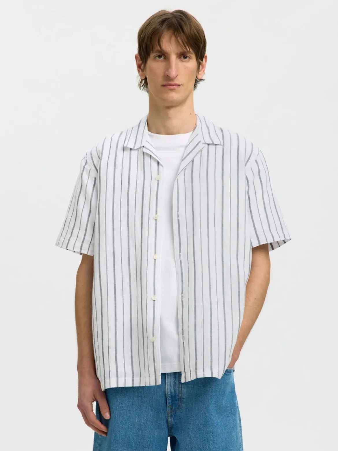 Selected miesten kauluspaita Resort Linen Blend SS Shirt K, Bright White Balsam Green