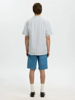 Selected miesten kauluspaita Resort Linen Blend SS Shirt K, Bright White Balsam Green