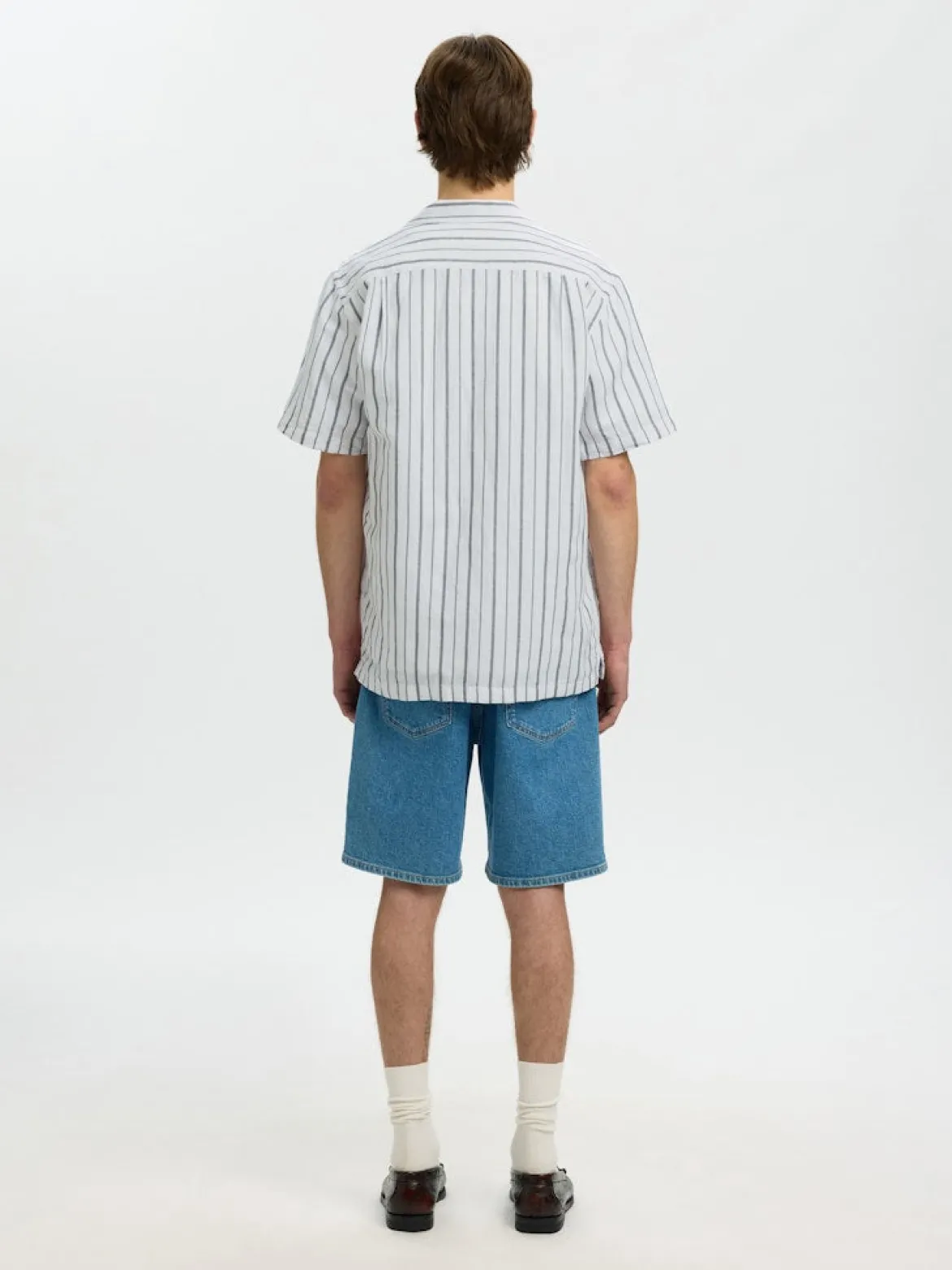 Selected miesten kauluspaita Resort Linen Blend SS Shirt K, Bright White Balsam Green