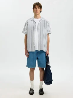 Selected miesten kauluspaita Resort Linen Blend SS Shirt K, Bright White Balsam Green