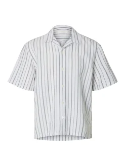 Selected miesten kauluspaita Resort Linen Blend SS Shirt K, Bright White Balsam Green