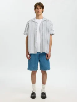 Selected miesten kauluspaita Resort Linen Blend SS Shirt K, Bright White Balsam Green