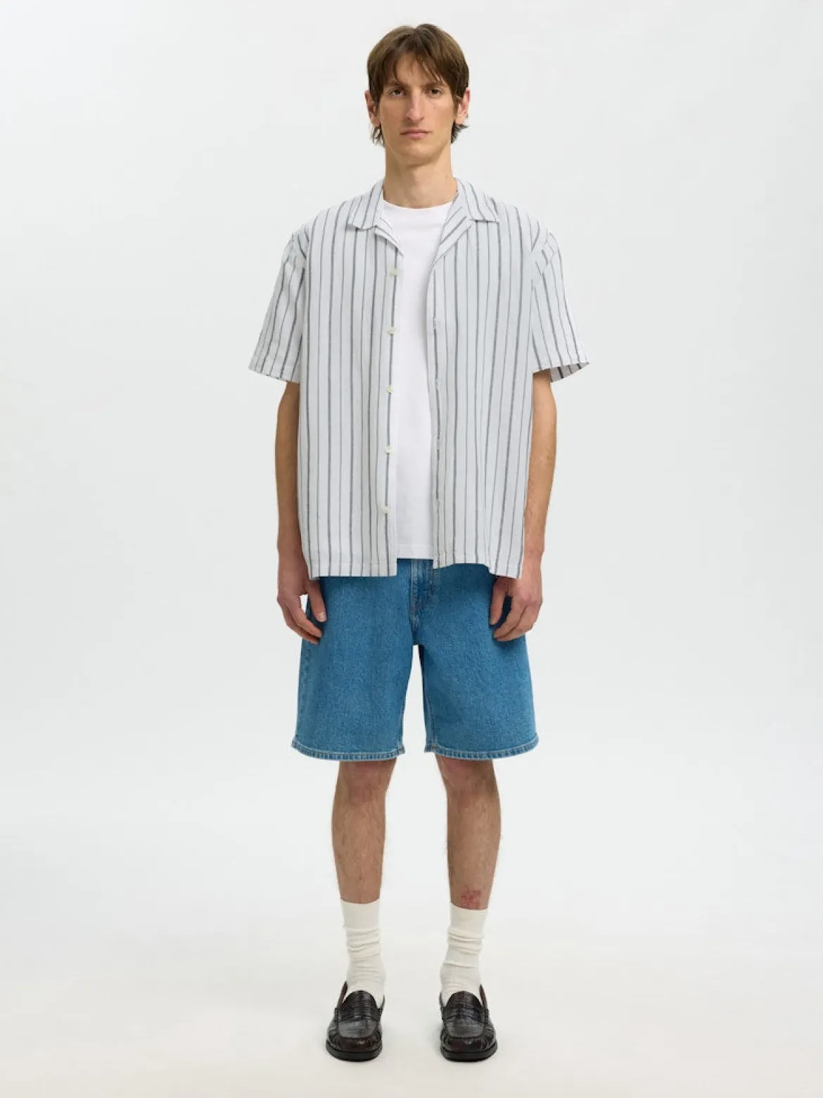 Selected miesten kauluspaita Resort Linen Blend SS Shirt K, Bright White Balsam Green