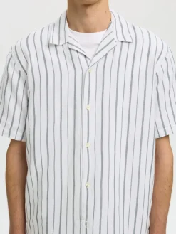 Selected miesten kauluspaita Resort Linen Blend SS Shirt K, Bright White Balsam Green
